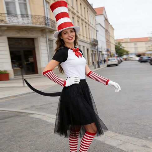 Cat Hat in White and Red Costumes Kit Accessories for Read Book Day Costume Including Headband Gloves Bow Tie Tail Gloves and Socks for 100th Day of School Cosplay Halloween Party in Saudi Arabia