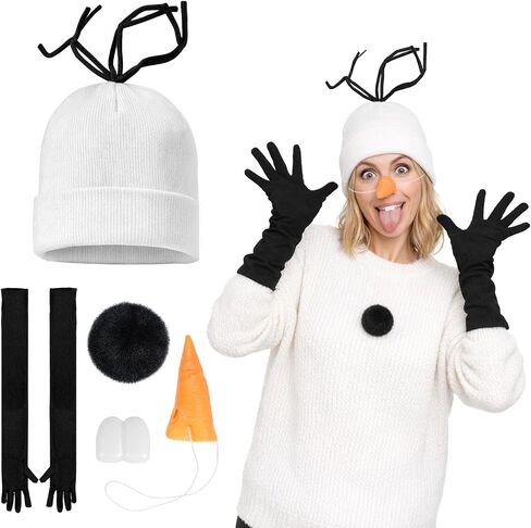 Snowman Costume Accessories Set 5 Pcs Knit Hat Carrot Nose Gloves Teeth And Tail Winter Character Outfit for Holiday Party Halloween Festival Dress Up in Saudi Arabia