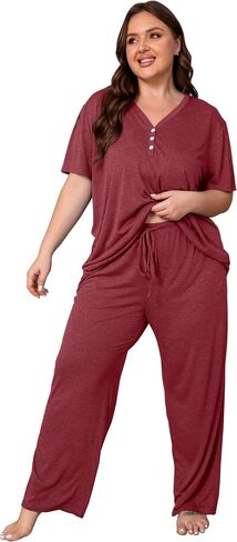 Vozanet Women's Plus Size Pajama Sets V Neck Pants Sets Solid Color Button Sleepwear Soft Loungewear Nighty with Pockets in Saudi Arabia