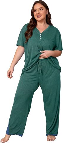 Vozanet Women's Plus Size Pajama Sets V Neck Pants Sets Solid Color Button Sleepwear Soft Loungewear Nighty with Pockets in Saudi Arabia