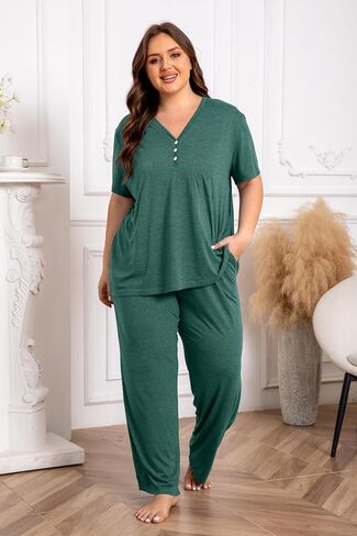 Vozanet Women's Plus Size Pajama Sets V Neck Pants Sets Solid Color Button Sleepwear Soft Loungewear Nighty with Pockets in Saudi Arabia