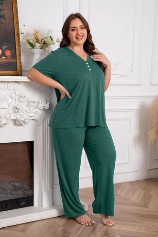 Vozanet Women's Plus Size Pajama Sets V Neck Pants Sets Solid Color Button Sleepwear Soft Loungewear Nighty with Pockets in Saudi Arabia