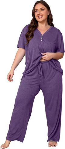 Vozanet Women's Plus Size Pajama Sets V Neck Pants Sets Solid Color Button Sleepwear Soft Loungewear Nighty with Pockets in Saudi Arabia