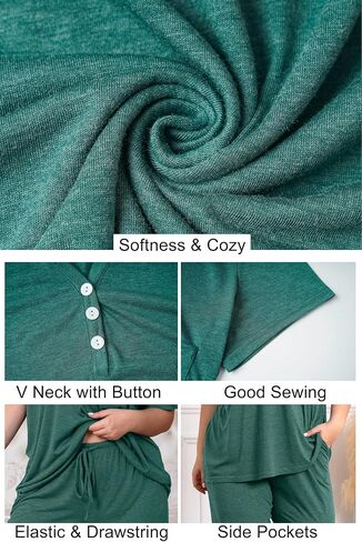 Vozanet Women's Plus Size Pajama Sets V Neck Pants Sets Solid Color Button Sleepwear Soft Loungewear Nighty with Pockets in Saudi Arabia