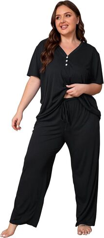 Vozanet Women's Plus Size Pajama Sets V Neck Pants Sets Solid Color Button Sleepwear Soft Loungewear Nighty with Pockets in Saudi Arabia