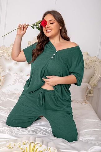 Vozanet Women's Plus Size Pajama Sets V Neck Pants Sets Solid Color Button Sleepwear Soft Loungewear Nighty with Pockets in Saudi Arabia