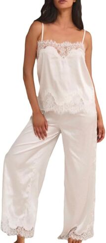 Silk Pajamas For Women Set Sexy Lace Trim Cami Tank Top Matching Long Pants Soft Lightweight Pjs Sleepwear Outfit in Saudi Arabia