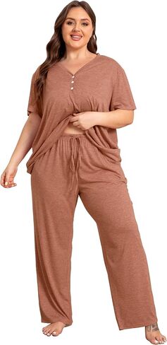 Vozanet Women's Plus Size Pajama Sets V Neck Pants Sets Solid Color Button Sleepwear Soft Loungewear Nighty with Pockets in Saudi Arabia