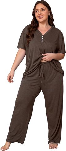 Vozanet Women's Plus Size Pajama Sets V Neck Pants Sets Solid Color Button Sleepwear Soft Loungewear Nighty with Pockets in Saudi Arabia