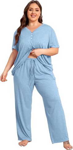 Vozanet Women's Plus Size Pajama Sets V Neck Pants Sets Solid Color Button Sleepwear Soft Loungewear Nighty with Pockets in Saudi Arabia