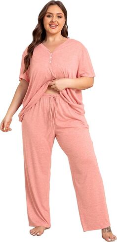 Vozanet Women's Plus Size Pajama Sets V Neck Pants Sets Solid Color Button Sleepwear Soft Loungewear Nighty with Pockets in Saudi Arabia