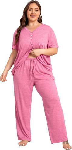 Vozanet Women's Plus Size Pajama Sets V Neck Pants Sets Solid Color Button Sleepwear Soft Loungewear Nighty with Pockets in Saudi Arabia