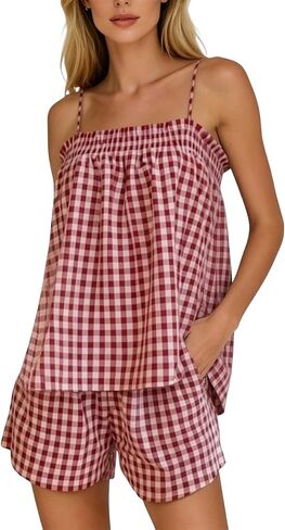 Women's Gingham 2 Piece Pajama Set Flowy Peplum Babydoll Cami Top Wide Leg Shorts Summer Loungewear Outfit in Kuwait