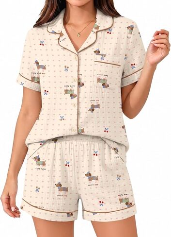 SWOMOG 100% طقم بيجامات قطن للنساء 2 قطعة كم قصير زر أسفل Pjs الأزهار طباعة الصيف ملابس خاصة بلوزات وسراويل in Kuwait