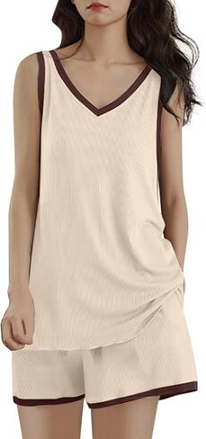 Pajamas Set for Women 2 Piece Sleeveless Top and Shorts Sleepwear V Neck Soft Summer Lounge Sets with Pocket in Kuwait