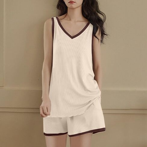 Pajamas Set for Women 2 Piece Sleeveless Top and Shorts Sleepwear V Neck Soft Summer Lounge Sets with Pocket in Kuwait