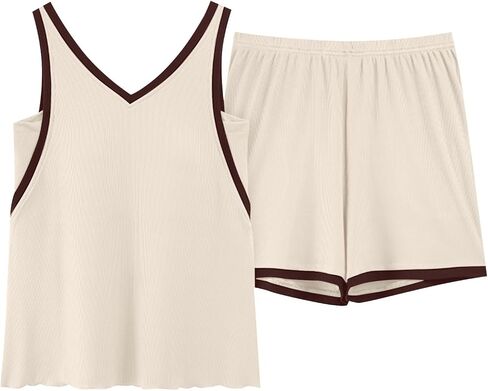 Pajamas Set for Women 2 Piece Sleeveless Top and Shorts Sleepwear V Neck Soft Summer Lounge Sets with Pocket in Kuwait
