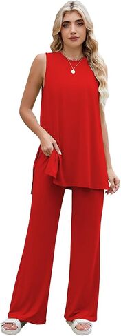 Mrskoala Women 2 Piece Outfits Summer Casual Lounge Sets Flare Pants Tank Top Loose Tracksuit in Saudi Arabia