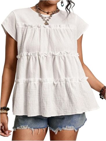 RoseSeek Women's Plus Size Ruffle Tiered Peplum Tops Crewneck Cap Sleeve Babydoll Tops Cute Going Out Outfits in Kuwait