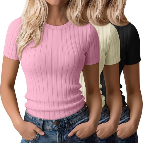 3 Pack Women's Ribbed T-Shirts Cotton Short Sleeve Crewneck Tees Slim Fit Solid Casual Basic Tops 2026 Summer Trendy in Kuwait