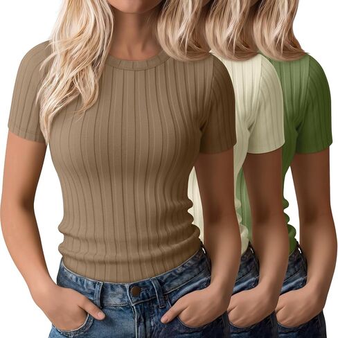 3 Pack Women's Ribbed T-Shirts Cotton Short Sleeve Crewneck Tees Slim Fit Solid Casual Basic Tops 2026 Summer Trendy in Saudi Arabia