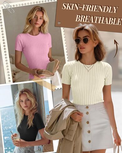 3 Pack Women's Ribbed T-Shirts Cotton Short Sleeve Crewneck Tees Slim Fit Solid Casual Basic Tops 2026 Summer Trendy in Kuwait