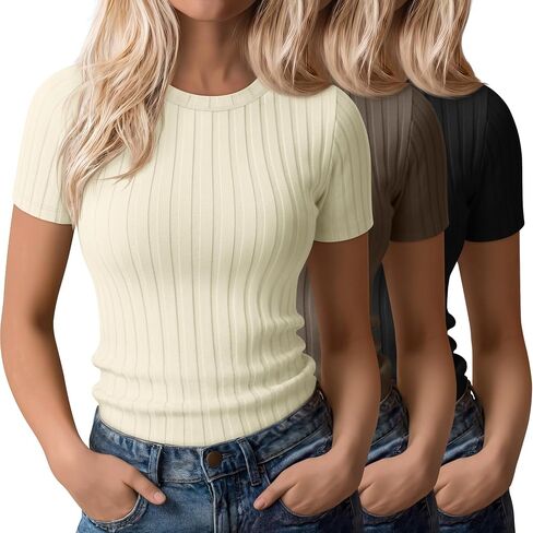 3 Pack Women's Ribbed T-Shirts Cotton Short Sleeve Crewneck Tees Slim Fit Solid Casual Basic Tops 2026 Summer Trendy in Kuwait
