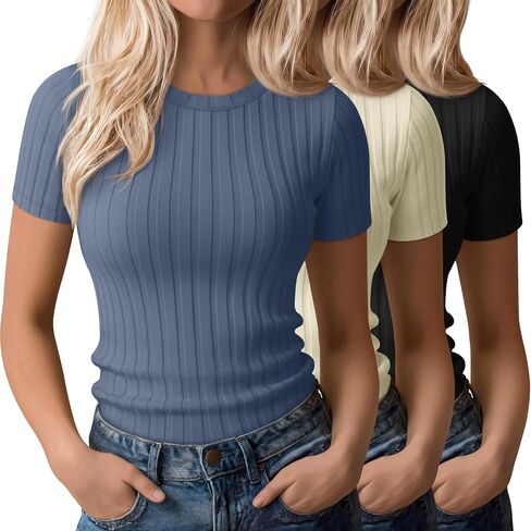 3 Pack Women's Ribbed T-Shirts Cotton Short Sleeve Crewneck Tees Slim Fit Solid Casual Basic Tops 2026 Summer Trendy in Kuwait