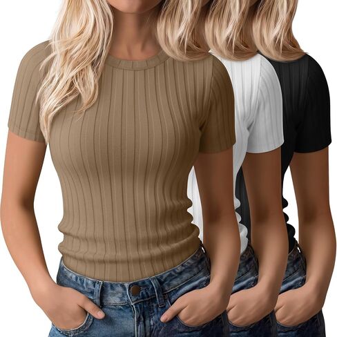 3 Pack Women's Ribbed T-Shirts Cotton Short Sleeve Crewneck Tees Slim Fit Solid Casual Basic Tops 2026 Summer Trendy in Kuwait