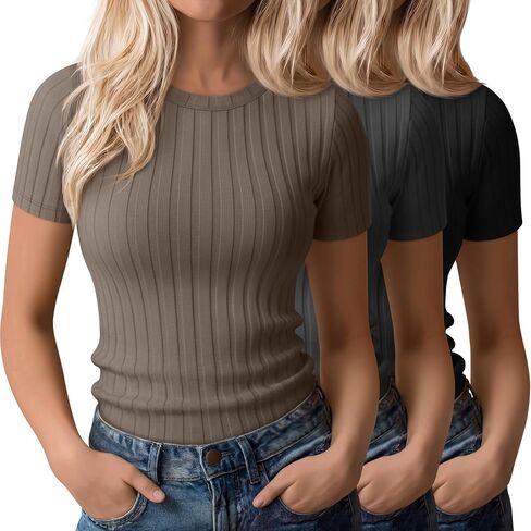 3 Pack Women's Ribbed T-Shirts Cotton Short Sleeve Crewneck Tees Slim Fit Solid Casual Basic Tops 2026 Summer Trendy in Kuwait