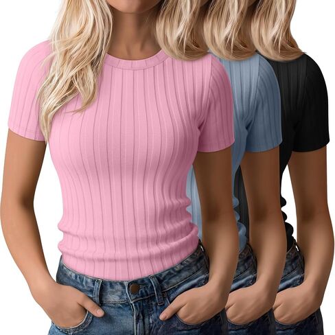 3 Pack Women's Ribbed T-Shirts Cotton Short Sleeve Crewneck Tees Slim Fit Solid Casual Basic Tops 2026 Summer Trendy in Kuwait