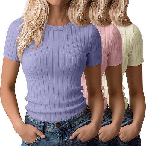 3 Pack Women's Ribbed T-Shirts Cotton Short Sleeve Crewneck Tees Slim Fit Solid Casual Basic Tops 2026 Summer Trendy in Kuwait