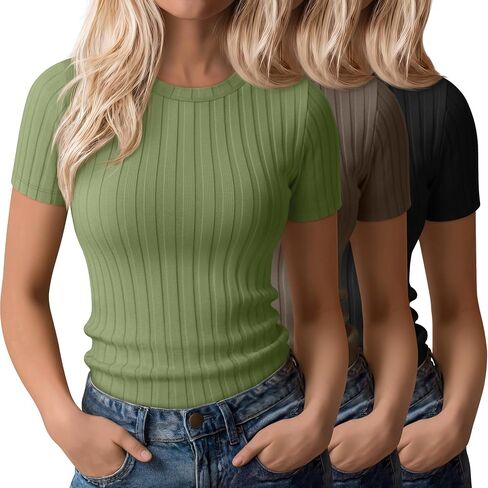 3 Pack Women's Ribbed T-Shirts Cotton Short Sleeve Crewneck Tees Slim Fit Solid Casual Basic Tops 2026 Summer Trendy in Kuwait