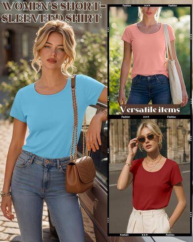 3 Pack Womens Short Sleeve T-Shirts Scoop Neck Summer Basic Tee Fitted Tops Casual Workout Trendy Going Out Blouses in Kuwait