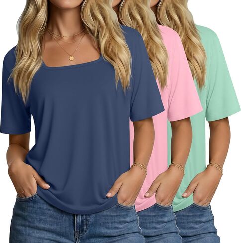 Riyiper 3 Pack Women's Square Neck Tops Half Sleeve Elbow Length Loose Casual Summer 1/2 Sleeve T-Shirts Trendy Basic Tees in Kuwait