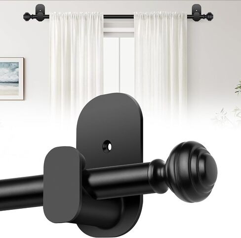 KAMANINA Curtain Rods No Drilling for Windows 32 to 86 Inches, 5/8 Inch No Drill Renter Friendly Curtain Rod with 3M Adhesive Brackets, Black in Saudi Arabia