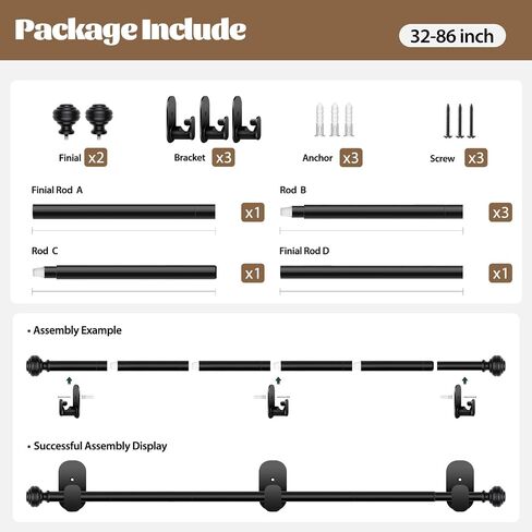 KAMANINA Curtain Rods No Drilling for Windows 32 to 86 Inches, 5/8 Inch No Drill Renter Friendly Curtain Rod with 3M Adhesive Brackets, Black in Saudi Arabia