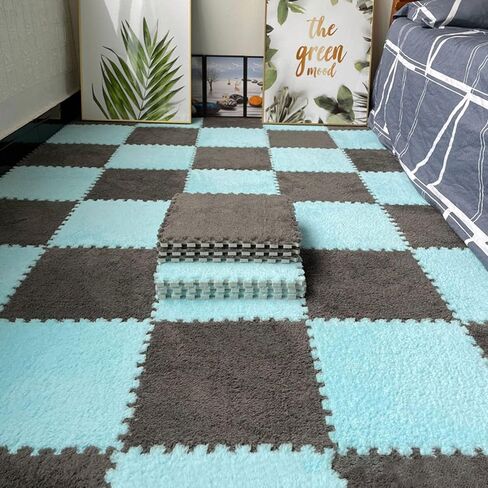Area Rugs,Fluffy Area Rugs, 60 Pieces Square Carpet Tiles,12x12 Inch Plush Puzzle Play Mat,Floor Play Mat,Coover 58 Sq Ft Floor(Blue+Gray,0.39 inch) in Saudi Arabia