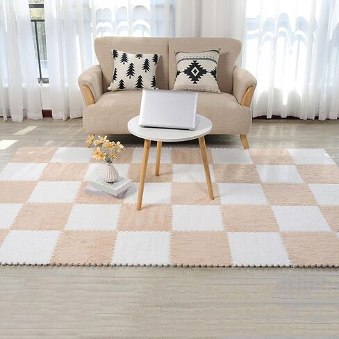 Area Rugs,Fluffy Area Rugs, Soft Square Carpet Tiles 11.8x11.8 Inch,Plush Puzzle Play Mat,Floor Play Mat,60 Pcs - 58 Sq.ft.(White+Lake Blue,0.39 inch) in Saudi Arabia