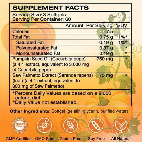 Pumpkin Seed Oil with Saw Palmetto, Pumpkin Seed Oil Capsules | 3000mg Per Serving, Cold-Pressed with Essential Fatty Acids & Phytosterols | Supports Hair, Bladder & Prostate Health | 180 Softgels in Saudi Arabia