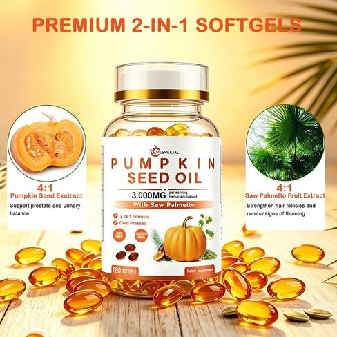 Pumpkin Seed Oil with Saw Palmetto, Pumpkin Seed Oil Capsules | 3000mg Per Serving, Cold-Pressed with Essential Fatty Acids & Phytosterols | Supports Hair, Bladder & Prostate Health | 180 Softgels in Saudi Arabia