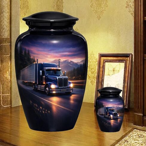 Cremation Urn with Semi Truck Design, Black, 10 Inch Large and 3 Inch Keepsake Set, Trucker Theme in Kuwait