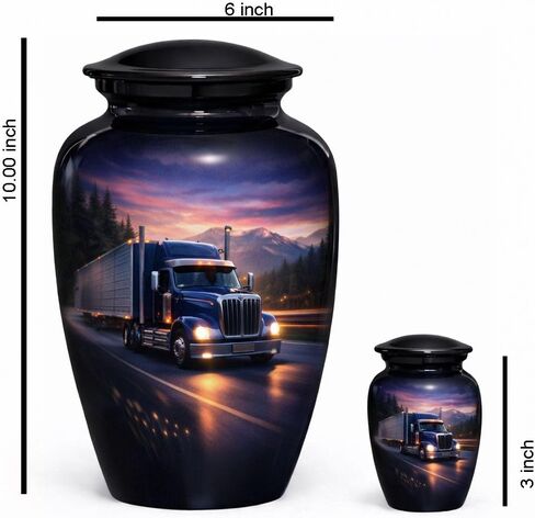 Cremation Urn with Semi Truck Design, Black, 10 Inch Large and 3 Inch Keepsake Set, Trucker Theme in Kuwait
