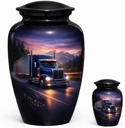 Cremation Urn with Semi Truck Design, Black, 10 Inch Large and 3 Inch Keepsake Set, Trucker Theme in Kuwait