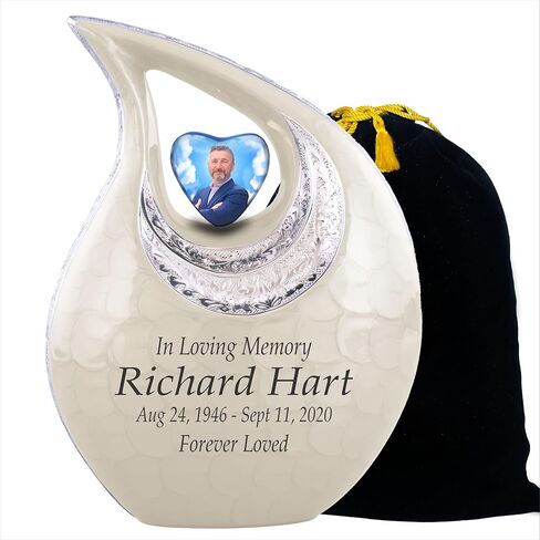 Personalized Photo & Text White Teardrop Cremation Urns for Adult Ashes Male Female - 156 Lbs Burial Urns for Human Ashes - Handcrafted Funeral Decorative Urn for Ashes Adult with Velvet Bag in Saudi Arabia