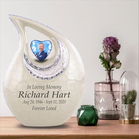 Personalized Photo & Text White Teardrop Cremation Urns for Adult Ashes Male Female - 156 Lbs Burial Urns for Human Ashes - Handcrafted Funeral Decorative Urn for Ashes Adult with Velvet Bag in Saudi Arabia