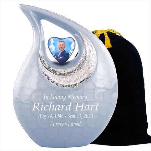 Personalized Photo & Text White Teardrop Cremation Urns for Adult Ashes Male Female - 156 Lbs Burial Urns for Human Ashes - Handcrafted Funeral Decorative Urn for Ashes Adult with Velvet Bag in Saudi Arabia