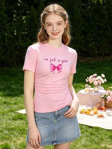 Kids4ever Girls Graphic Print Shirts Ruched Side Tops for Girl Short Sleeve Tees Size 7-14 in Kuwait