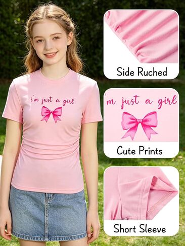Kids4ever Girls Graphic Print Shirts Ruched Side Tops for Girl Short Sleeve Tees Size 7-14 in Kuwait