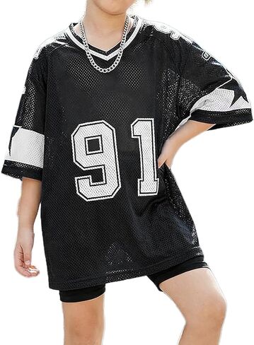 Girls Jersey Number Star Graphic Shirts Oversized V Neck Short Sleeve Mesh Jerseys for Kids Streetwear Tee Tops in Saudi Arabia